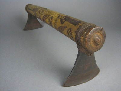 Samoan head-rest made from a nose pipe featuring etched drawings of missionaries, about 1800, maker unknown. Rotorua Museum (X-596)